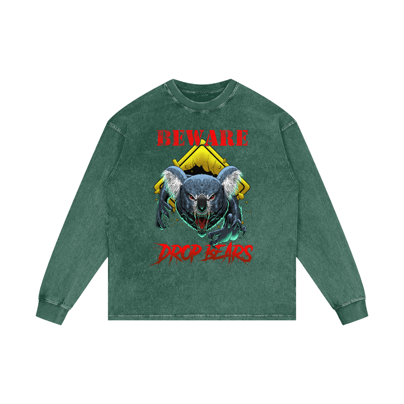 Beware Drop Bear Dark Green Acid Wash Long Sleeve Tee