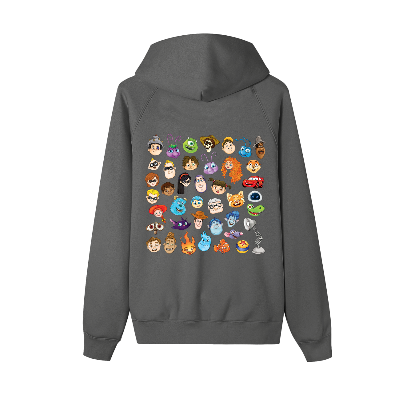 Watercolour Disney Pixar Protagonist Icons Cement Grey Zip-Up Fleece Hoodie, Toy Story, A Bug’s Life, Monsters, Inc., Finding Nemo, The Incredibles, Cars, Ratatouille, WALL-E, Up, Brave, Inside Out, The Good Dinosaur, Coco, Onward, Soul, Luca, Turning Red, Elemental, Elio, Hoppers, Gatto
