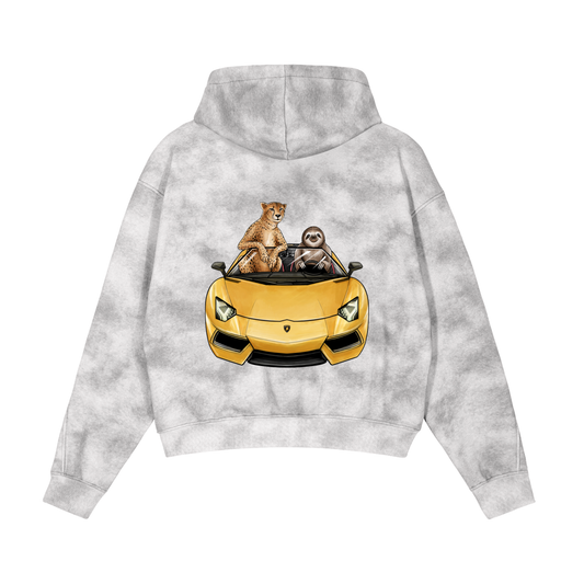 Cheetah & Sloth Lamborghini Aventador Sage Grey Vintage Washed Zip-Up Fleece Hoodie