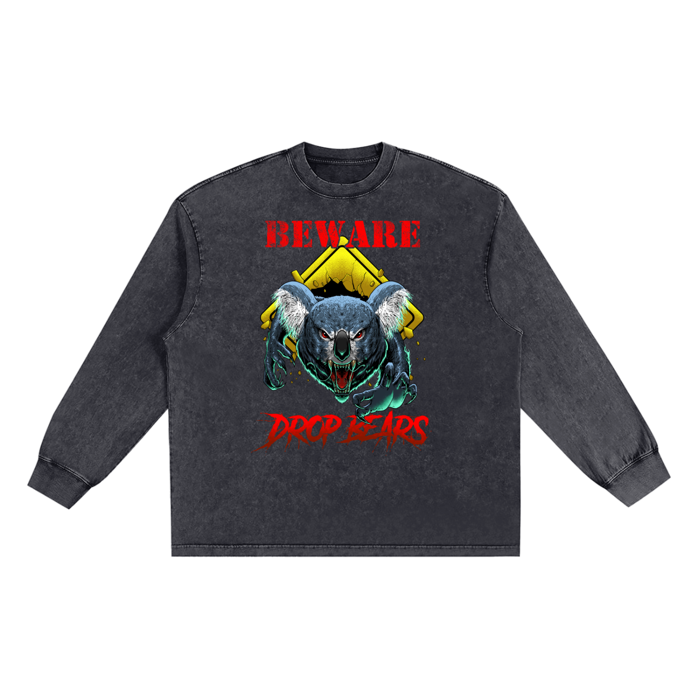 Beware Drop Bear Snow Washed Long Sleeve Black Tee