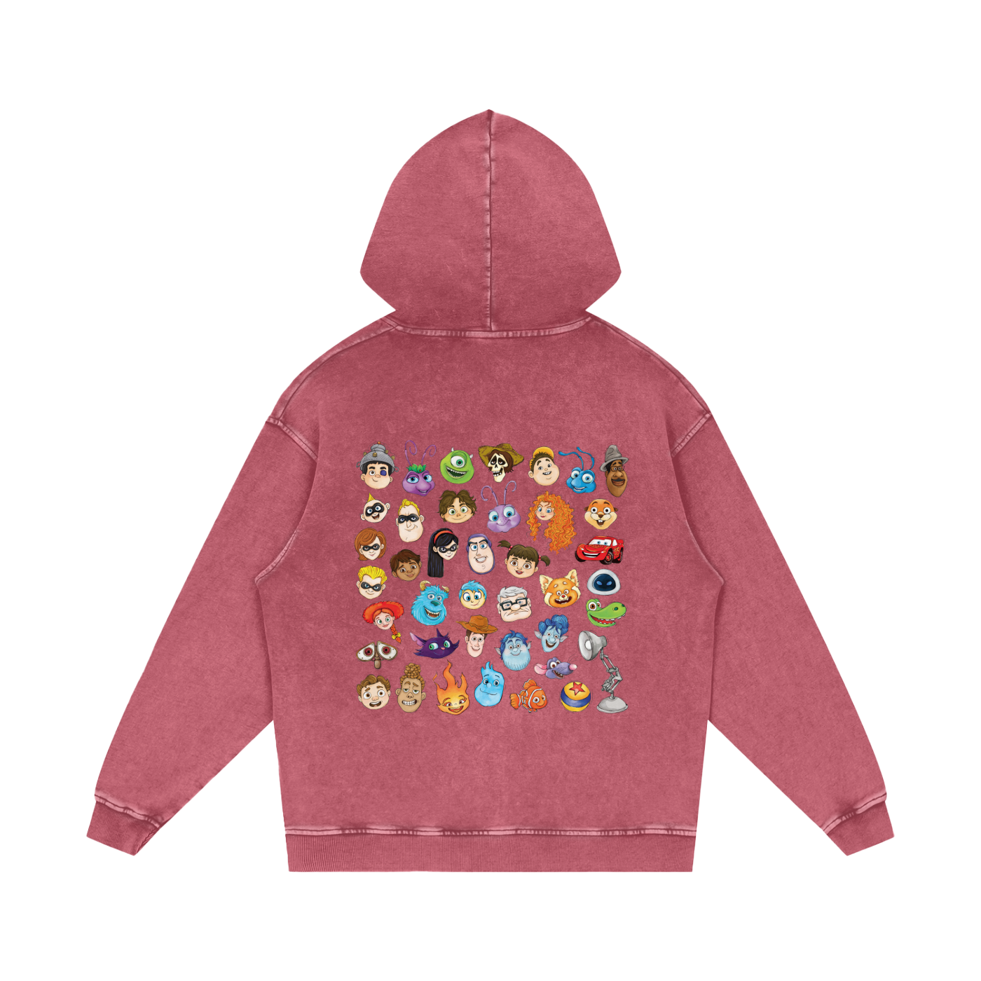Watercolour Disney Pixar Protagonist Icons Dark Pink Acid Wash Hoodie, Toy Story, A Bug’s Life, Monsters, Inc., Finding Nemo, The Incredibles, Cars, Ratatouille, WALL-E, Up, Brave, Inside Out, The Good Dinosaur, Coco, Onward, Soul, Luca, Turning Red, Elemental, Elio, Hoppers, Gatto