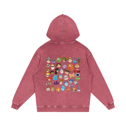 Watercolour Disney Pixar Protagonist Icons Dark Pink Acid Wash Hoodie, Toy Story, A Bug’s Life, Monsters, Inc., Finding Nemo, The Incredibles, Cars, Ratatouille, WALL-E, Up, Brave, Inside Out, The Good Dinosaur, Coco, Onward, Soul, Luca, Turning Red, Elemental, Elio, Hoppers, Gatto