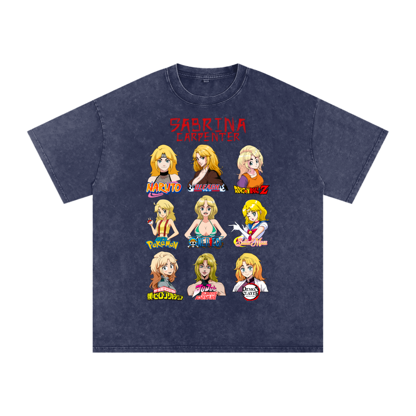 Sabrina Carpenter Anime Art Styles Midnight Indigo Blue Acid Wash Tee, Naruto, Bleach, Dragonball Z, Pokémon, One Piece, Sailor Moon, My Hero Academia, Jojo's Bizarre Adventure, Demon Slayer