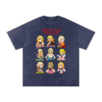Sabrina Carpenter Anime Art Styles Midnight Indigo Blue Acid Wash Tee, Naruto, Bleach, Dragonball Z, Pokémon, One Piece, Sailor Moon, My Hero Academia, Jojo's Bizarre Adventure, Demon Slayer