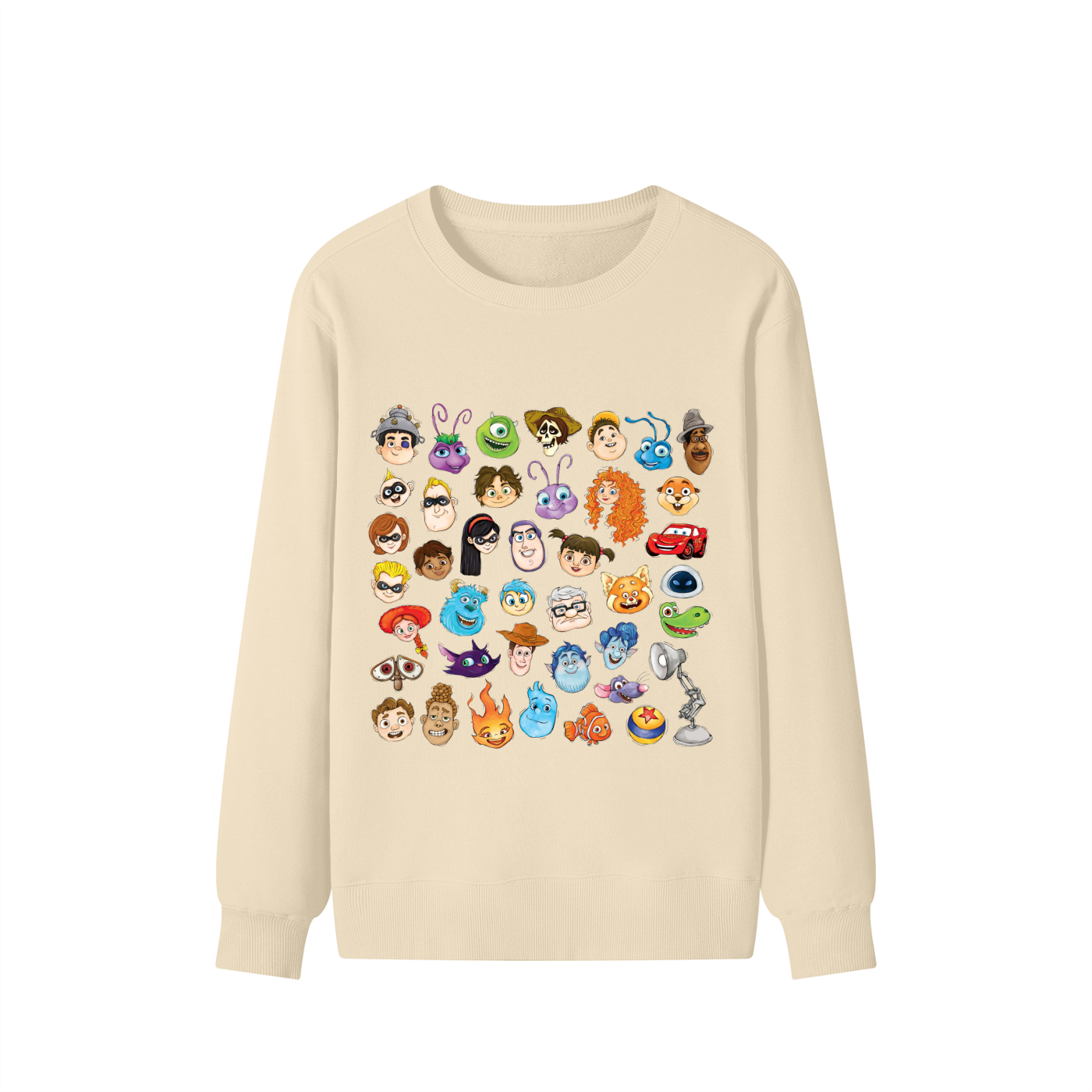 Watercolour Disney Pixar Protagonist Icons Light Khaki Classic Sweatshirt, Toy Story, A Bug’s Life, Monsters, Inc., Finding Nemo, The Incredibles, Cars, Ratatouille, WALL-E, Up, Brave, Inside Out, The Good Dinosaur, Coco, Onward, Soul, Luca, Turning Red, Elemental, Elio, Hoppers, Gatto