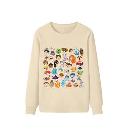 Watercolour Disney Pixar Protagonist Icons Light Khaki Classic Sweatshirt, Toy Story, A Bug’s Life, Monsters, Inc., Finding Nemo, The Incredibles, Cars, Ratatouille, WALL-E, Up, Brave, Inside Out, The Good Dinosaur, Coco, Onward, Soul, Luca, Turning Red, Elemental, Elio, Hoppers, Gatto