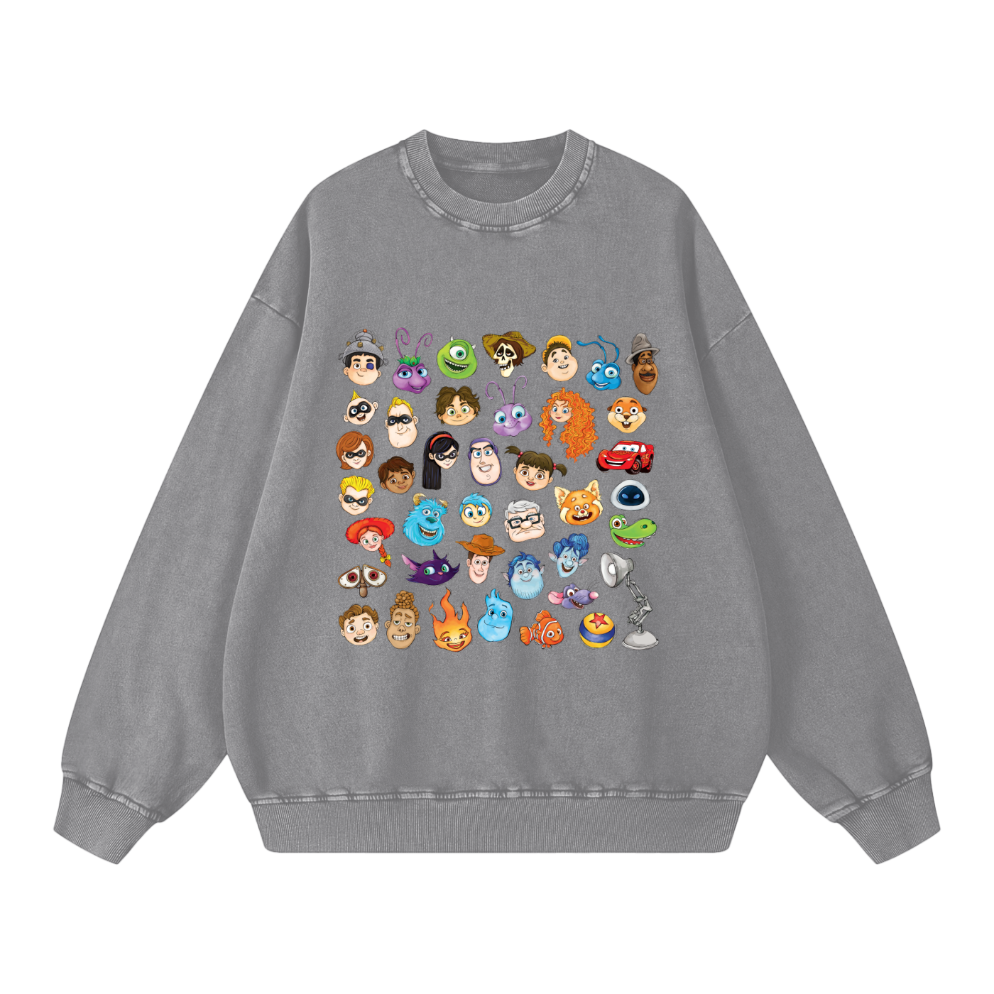 Watercolour Disney Pixar Protagonist Icons Light Grey Acid Wash Sweatshirt, Toy Story, A Bug’s Life, Monsters, Inc., Finding Nemo, The Incredibles, Cars, Ratatouille, WALL-E, Up, Brave, Inside Out, The Good Dinosaur, Coco, Onward, Soul, Luca, Turning Red, Elemental, Elio, Hoppers, Gatto