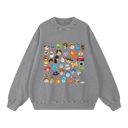 Watercolour Disney Pixar Protagonist Icons Light Grey Acid Wash Sweatshirt, Toy Story, A Bug’s Life, Monsters, Inc., Finding Nemo, The Incredibles, Cars, Ratatouille, WALL-E, Up, Brave, Inside Out, The Good Dinosaur, Coco, Onward, Soul, Luca, Turning Red, Elemental, Elio, Hoppers, Gatto