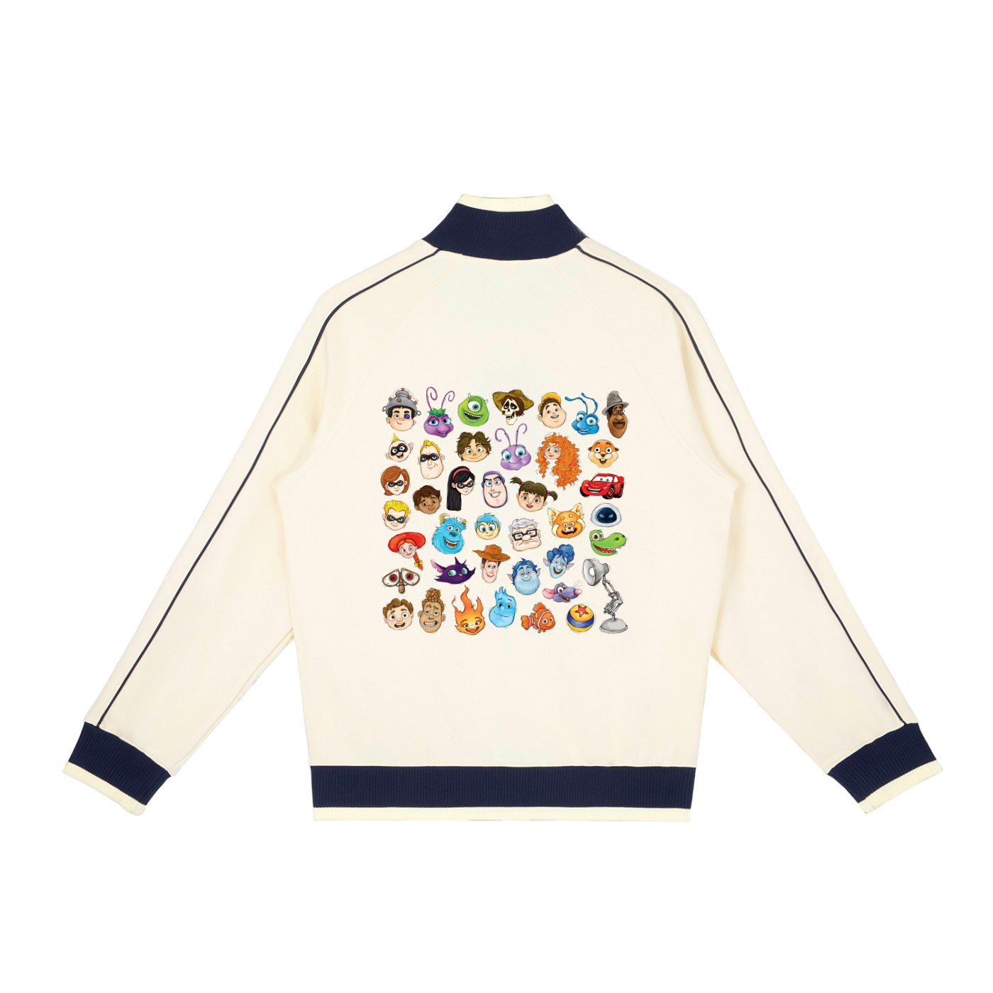 Watercolour Disney Pixar Protagonist Icons Vanilla Cream Retro Raglan Zip-Up Track Jacket, Toy Story, A Bug’s Life, Monsters, Inc., Finding Nemo, The Incredibles, Cars, Ratatouille, WALL-E, Up, Brave, Inside Out, The Good Dinosaur, Coco, Onward, Soul, Luca, Turning Red, Elemental, Elio, Hoppers, Gatto