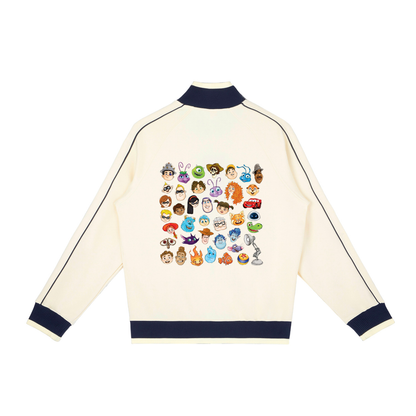 Watercolour Disney Pixar Protagonist Icons Vanilla Cream Retro Raglan Zip-Up Track Jacket, Toy Story, A Bug’s Life, Monsters, Inc., Finding Nemo, The Incredibles, Cars, Ratatouille, WALL-E, Up, Brave, Inside Out, The Good Dinosaur, Coco, Onward, Soul, Luca, Turning Red, Elemental, Elio, Hoppers, Gatto