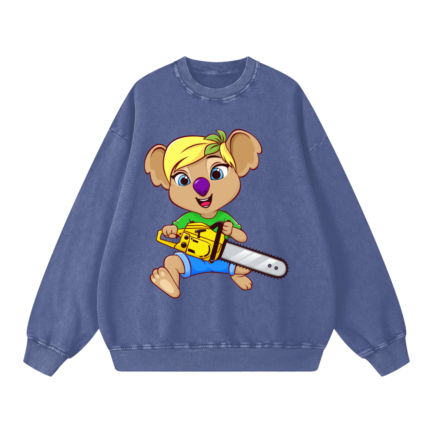 Disney Style Koala Chainsaw Acid Wash Lapis Blue Sweatshirt