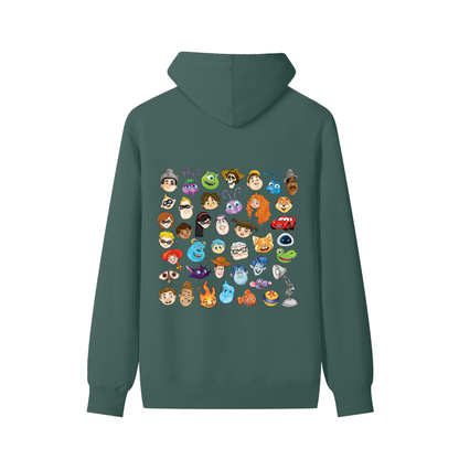 Watercolour Disney Pixar Protagonist Icons Forest Green Classic Hoodie, Toy Story, A Bug’s Life, Monsters, Inc., Finding Nemo, The Incredibles, Cars, Ratatouille, WALL-E, Up, Brave, Inside Out, The Good Dinosaur, Coco, Onward, Soul, Luca, Turning Red, Elemental, Elio, Hoppers, Gatto