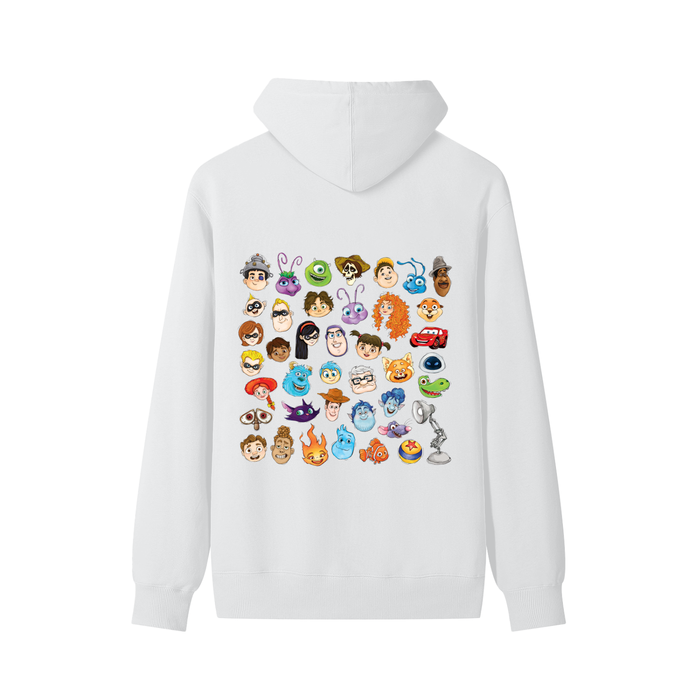 Watercolour Disney Pixar Protagonist Icons White Classic Hoodie, Toy Story, A Bug’s Life, Monsters, Inc., Finding Nemo, The Incredibles, Cars, Ratatouille, WALL-E, Up, Brave, Inside Out, The Good Dinosaur, Coco, Onward, Soul, Luca, Turning Red, Elemental, Elio, Hoppers, Gatto