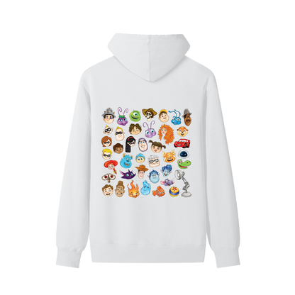 Watercolour Disney Pixar Protagonist Icons White Classic Hoodie, Toy Story, A Bug’s Life, Monsters, Inc., Finding Nemo, The Incredibles, Cars, Ratatouille, WALL-E, Up, Brave, Inside Out, The Good Dinosaur, Coco, Onward, Soul, Luca, Turning Red, Elemental, Elio, Hoppers, Gatto