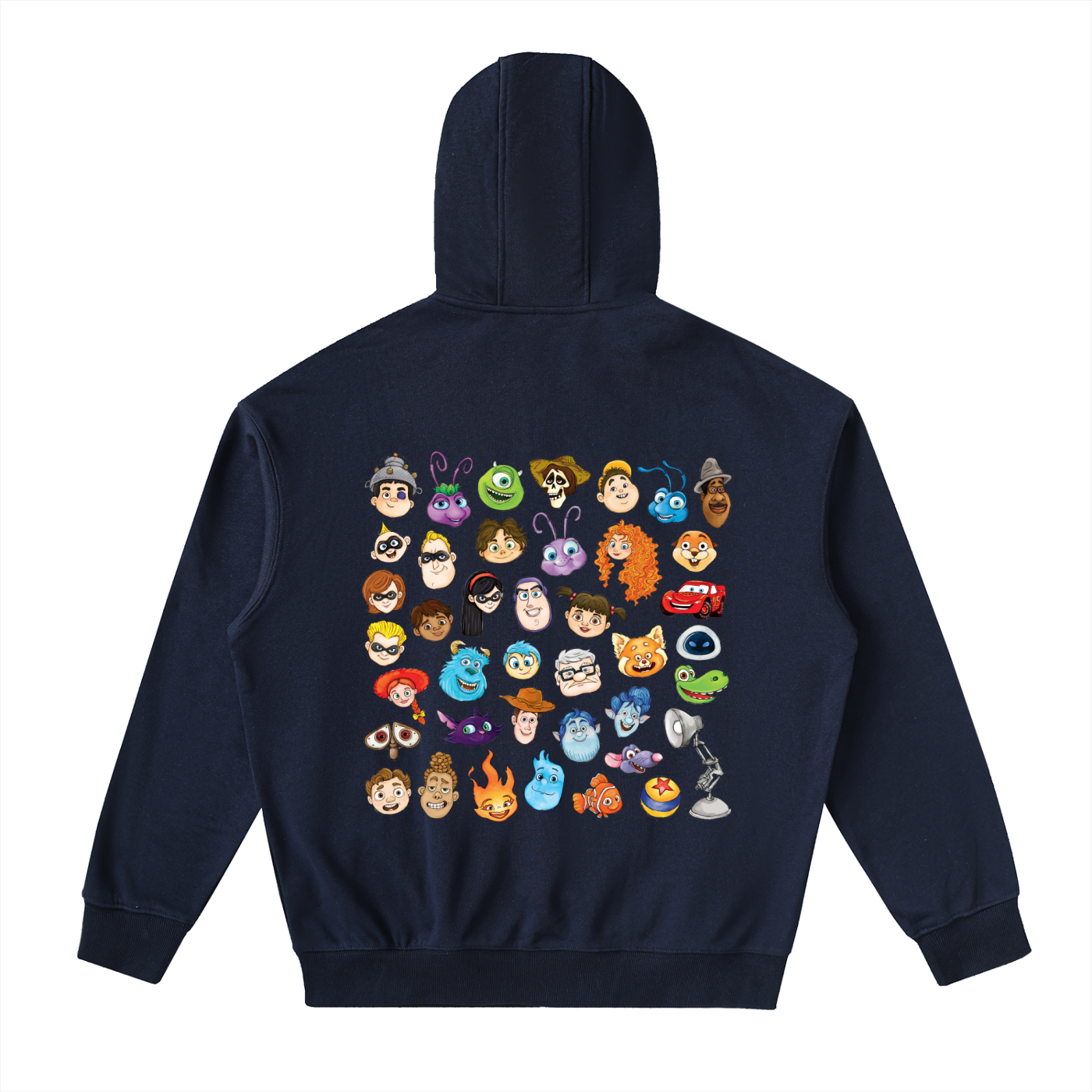 Watercolour Disney Pixar Protagonist Icons Navy Blue Classic Zip-Up Hoodie, Toy Story, A Bug’s Life, Monsters, Inc., Finding Nemo, The Incredibles, Cars, Ratatouille, WALL-E, Up, Brave, Inside Out, The Good Dinosaur, Coco, Onward, Soul, Luca, Turning Red, Elemental, Elio, Hoppers, Gatto