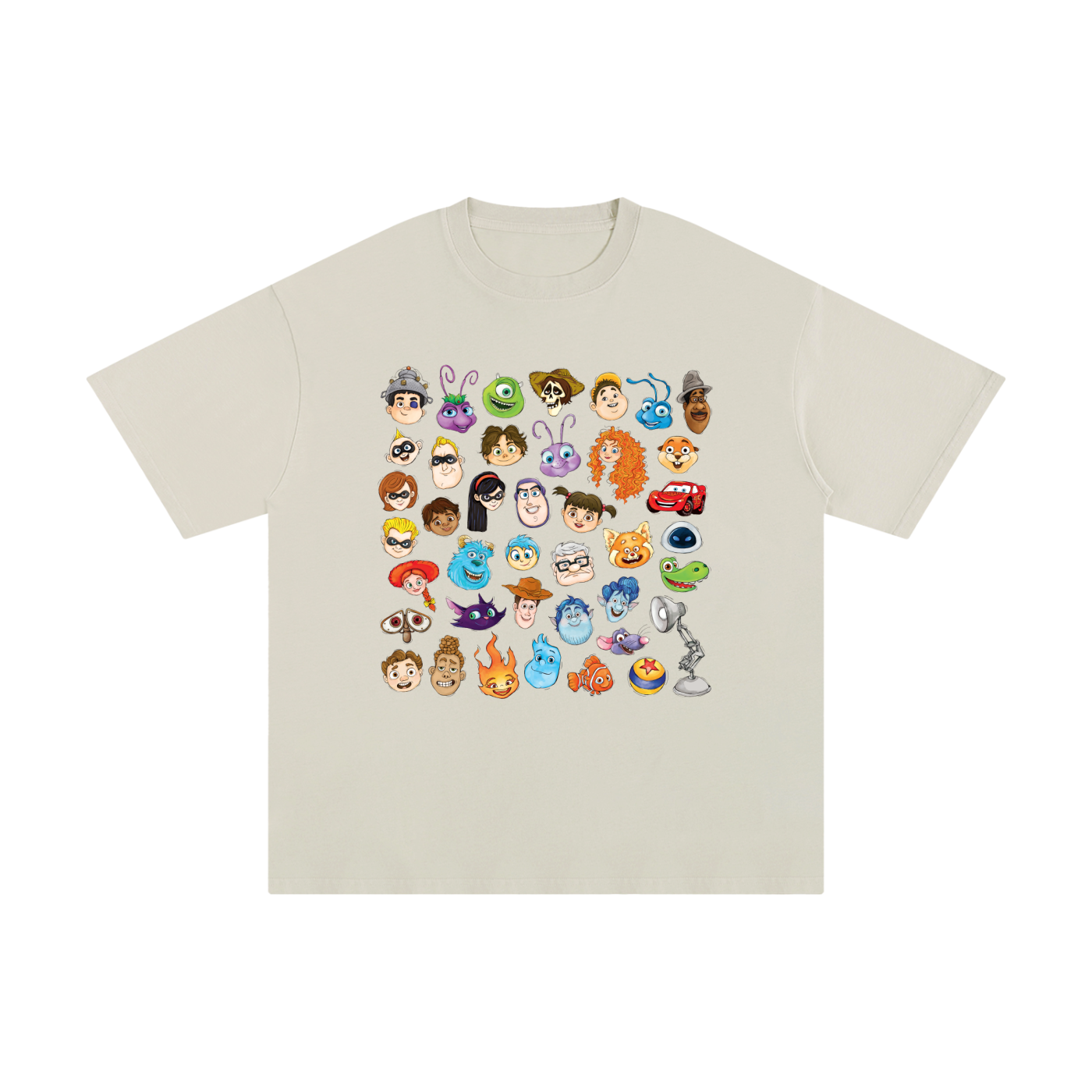 Watercolour Disney Pixar Protagonist Icons Khaki Classic Tee, Toy Story, A Bug’s Life, Monsters, Inc., Finding Nemo, The Incredibles, Cars, Ratatouille, WALL-E, Up, Brave, Inside Out, The Good Dinosaur, Coco, Onward, Soul, Luca, Turning Red, Elemental, Elio, Hoppers, Gatto