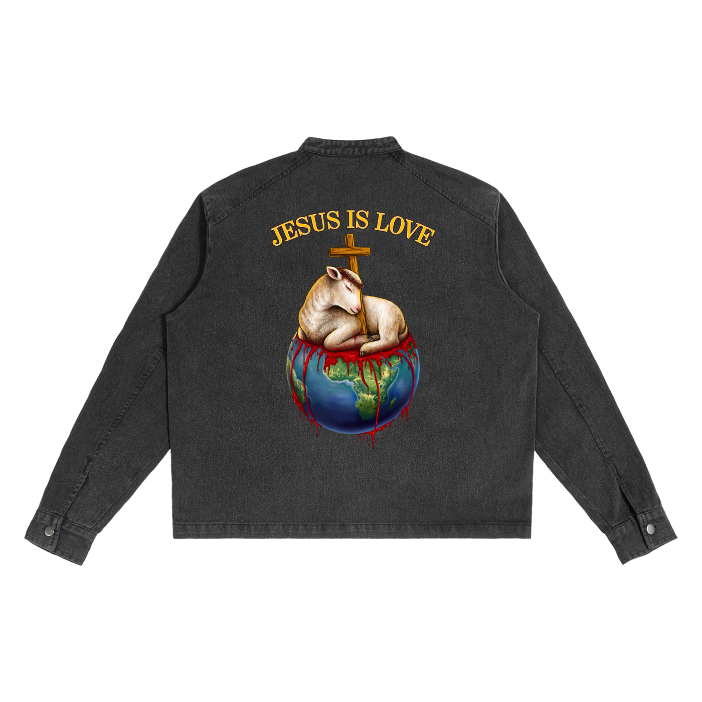 Jesus Is Love Black Denim Vintage Washed Zip-Up Jacket