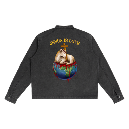 Jesus Is Love Black Denim Vintage Washed Zip-Up Jacket