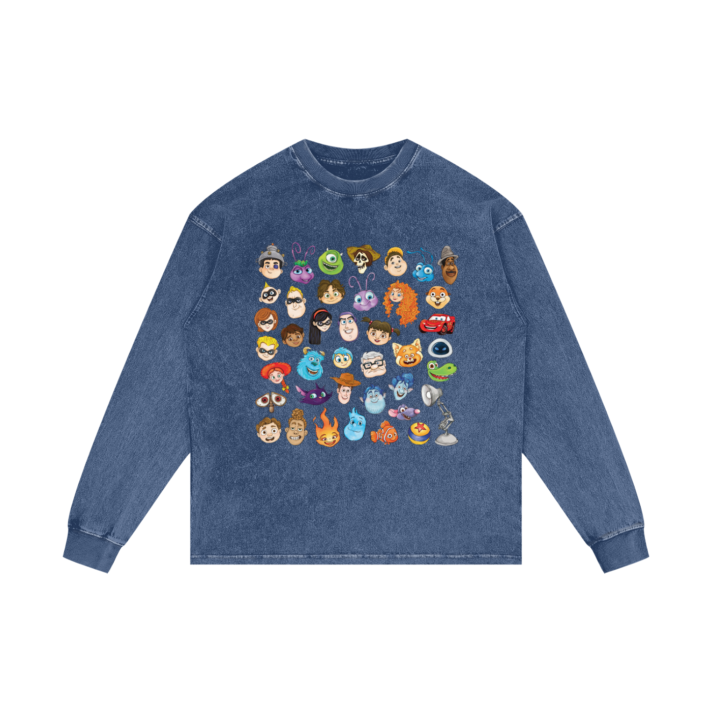 Watercolour Disney Pixar Protagonist Icons Dark Blue Acid Wash Long Sleeve T-Shirt, Toy Story, A Bug’s Life, Monsters, Inc., Finding Nemo, The Incredibles, Cars, Ratatouille, WALL-E, Up, Brave, Inside Out, The Good Dinosaur, Coco, Onward, Soul, Luca, Turning Red, Elemental, Elio, Hoppers, Gatto