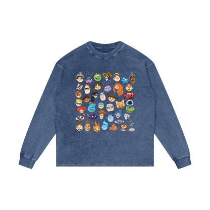 Watercolour Disney Pixar Protagonist Icons Dark Blue Acid Wash Long Sleeve T-Shirt, Toy Story, A Bug’s Life, Monsters, Inc., Finding Nemo, The Incredibles, Cars, Ratatouille, WALL-E, Up, Brave, Inside Out, The Good Dinosaur, Coco, Onward, Soul, Luca, Turning Red, Elemental, Elio, Hoppers, Gatto