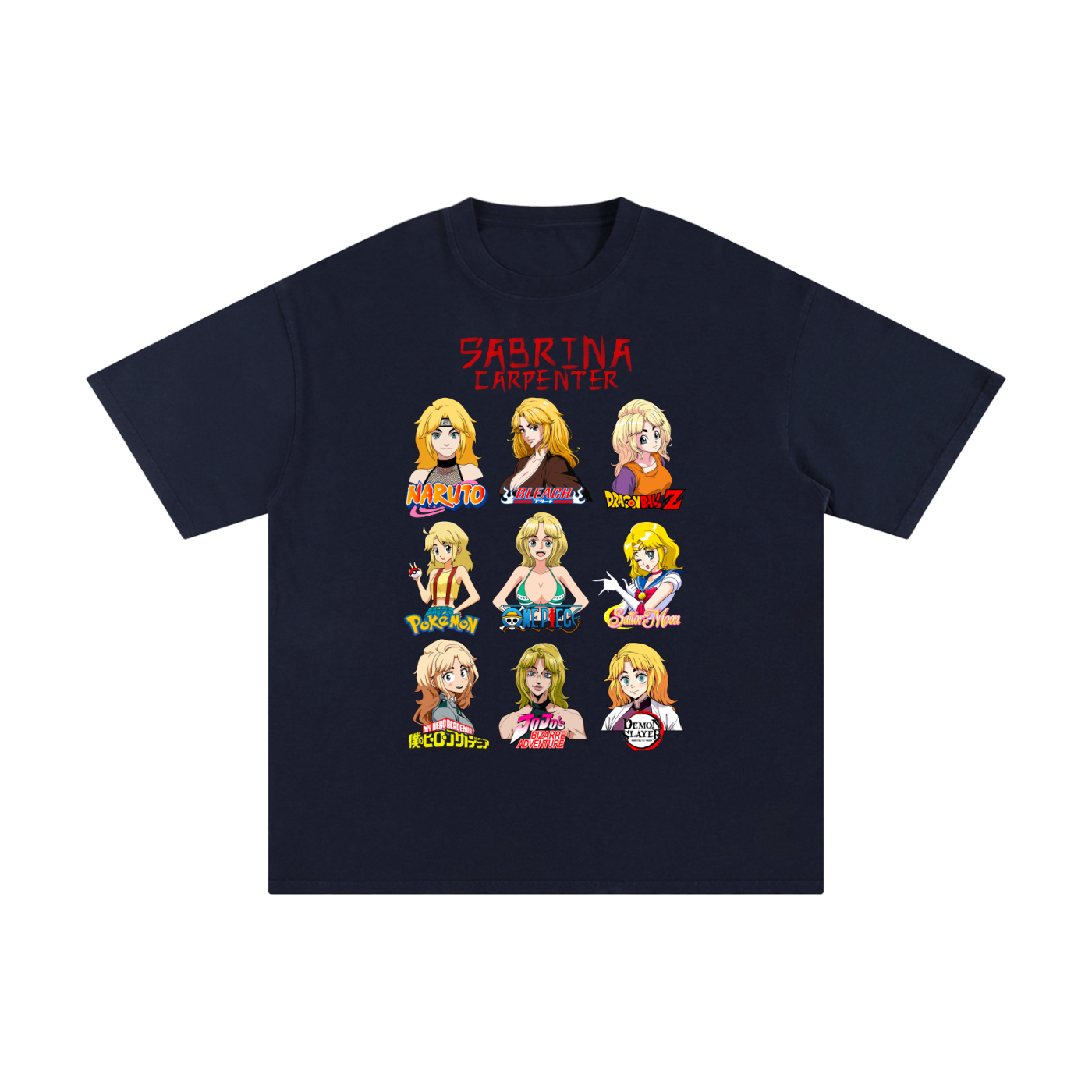 Sabrina Carpenter Anime Art Styles Navy Blue Classic Tee, Naruto, Bleach, Dragonball Z, Pokémon, One Piece, Sailor Moon, My Hero Academia, Jojo's Bizarre Adventure, Demon Slayer