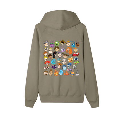 Watercolour Disney Pixar Protagonist Icons Ashen Olive Zip-Up Fleece Hoodie, Toy Story, A Bug’s Life, Monsters, Inc., Finding Nemo, The Incredibles, Cars, Ratatouille, WALL-E, Up, Brave, Inside Out, The Good Dinosaur, Coco, Onward, Soul, Luca, Turning Red, Elemental, Elio, Hoppers, Gatto