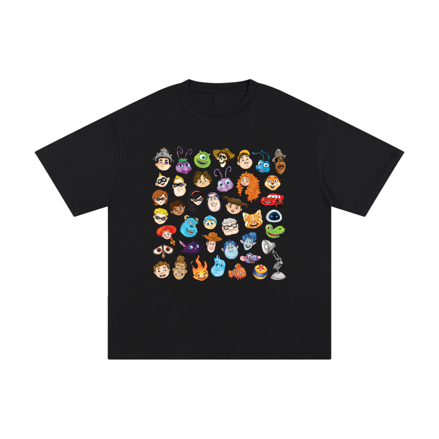 Watercolour Disney Pixar Protagonist Icons Black Classic Tee, Toy Story, A Bug’s Life, Monsters, Inc., Finding Nemo, The Incredibles, Cars, Ratatouille, WALL-E, Up, Brave, Inside Out, The Good Dinosaur, Coco, Onward, Soul, Luca, Turning Red, Elemental, Elio, Hoppers, Gatto