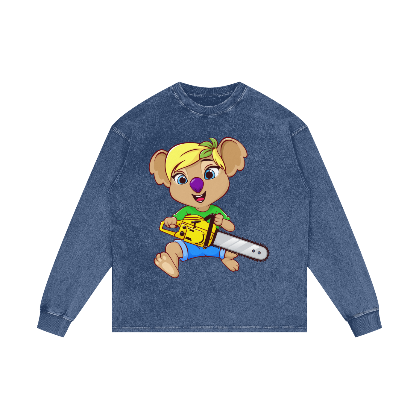 Disney Style Koala Chainsaw Dark Blue Acid Wash Long Sleeve Tee