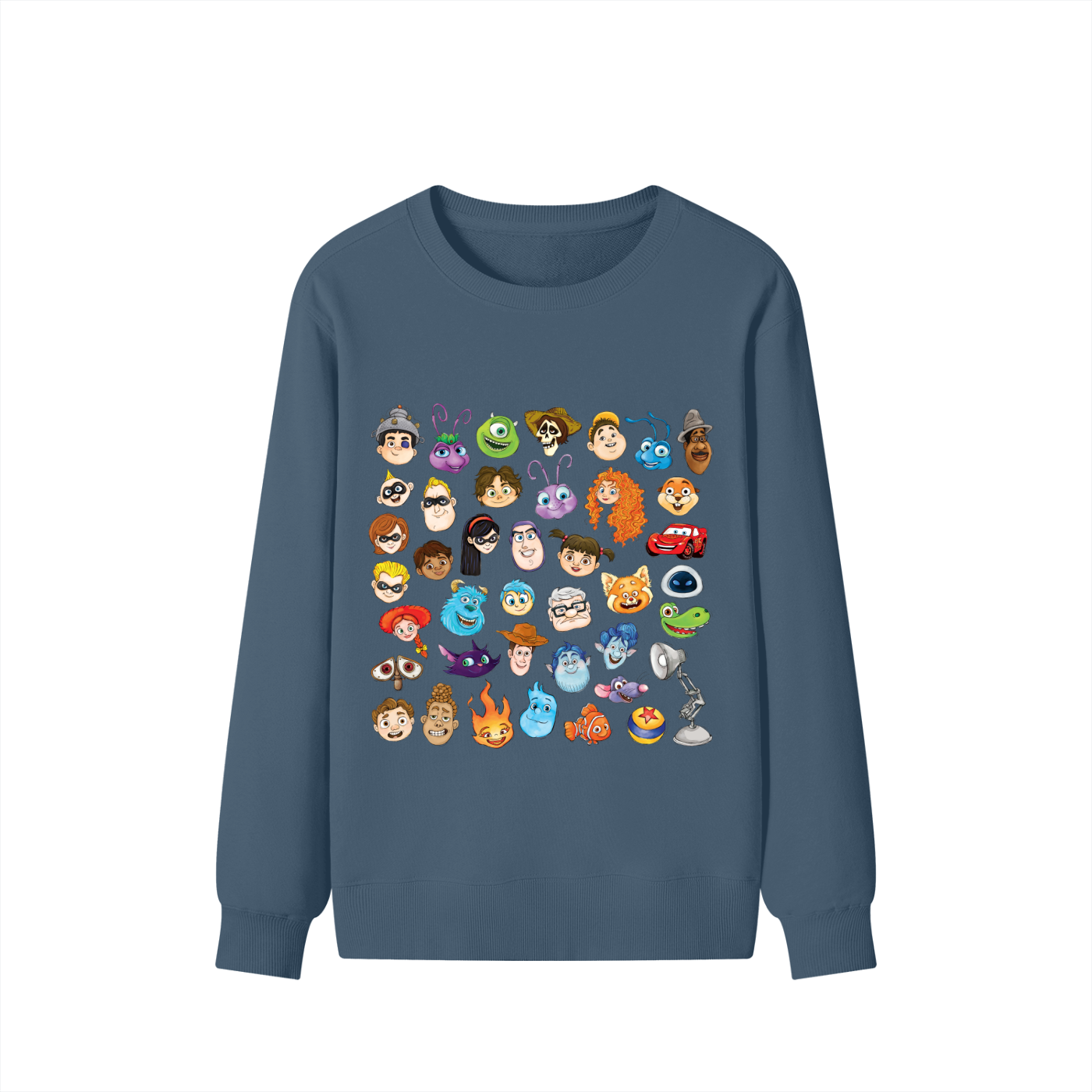 Watercolour Disney Pixar Protagonist Icons Dusty Navy Classic Sweatshirt, Toy Story, A Bug’s Life, Monsters, Inc., Finding Nemo, The Incredibles, Cars, Ratatouille, WALL-E, Up, Brave, Inside Out, The Good Dinosaur, Coco, Onward, Soul, Luca, Turning Red, Elemental, Elio, Hoppers, Gatto