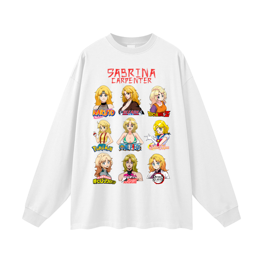 Sabrina Carpenter Anime Art Styles White Classic Long Sleeve Tee, Naruto, Bleach, Dragon Ball Z, Pokémon, One Piece, Sailor Moon, My Hero Academia, Jojo's Bizarre Adventure, Demon Slayer