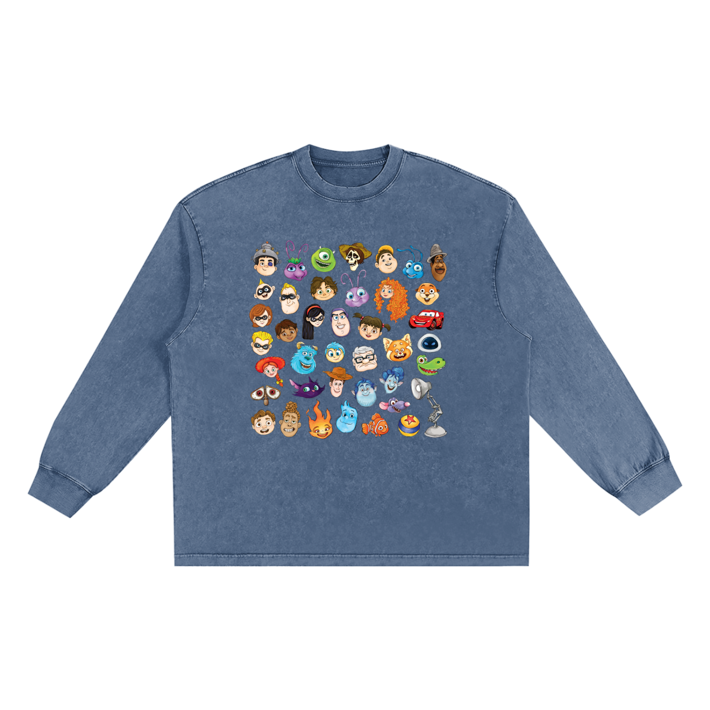 Watercolour Disney Pixar Protagonist Icons Chambray Blue Snow Washed Long Sleeve Tee, Toy Story, A Bug’s Life, Monsters, Inc., Finding Nemo, The Incredibles, Cars, Ratatouille, WALL-E, Up, Brave, Inside Out, The Good Dinosaur, Coco, Onward, Soul, Luca, Turning Red, Elemental, Elio, Hoppers, Gatto