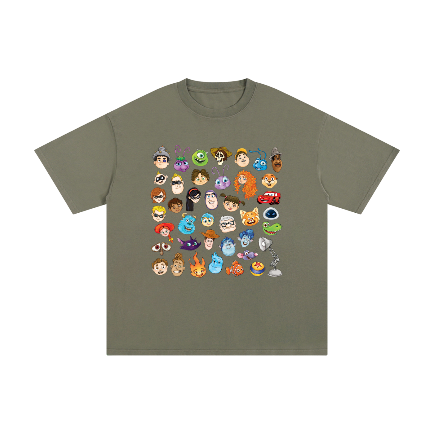 Watercolour Disney Pixar Protagonist Icons Ashen Olive Classic Tee, Toy Story, A Bug’s Life, Monsters, Inc., Finding Nemo, The Incredibles, Cars, Ratatouille, WALL-E, Up, Brave, Inside Out, The Good Dinosaur, Coco, Onward, Soul, Luca, Turning Red, Elemental, Elio, Hoppers, Gatto