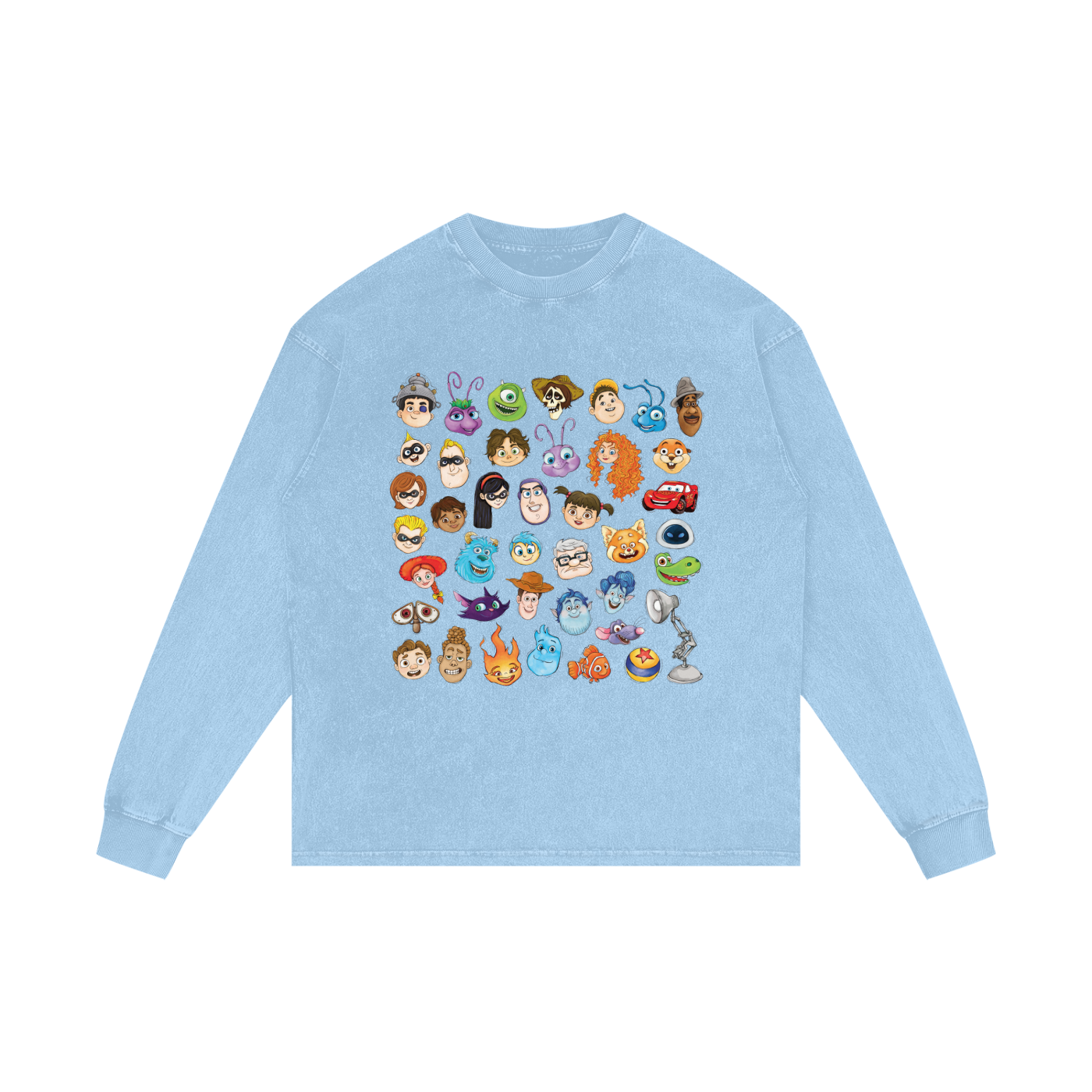 Watercolour Disney Pixar Protagonist Icons Sky Blue Acid Wash Long Sleeve T-Shirt, Toy Story, A Bug’s Life, Monsters, Inc., Finding Nemo, The Incredibles, Cars, Ratatouille, WALL-E, Up, Brave, Inside Out, The Good Dinosaur, Coco, Onward, Soul, Luca, Turning Red, Elemental, Elio, Hoppers, Gatto