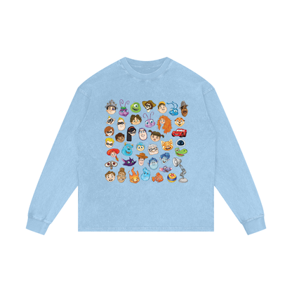 Watercolour Disney Pixar Protagonist Icons Sky Blue Acid Wash Long Sleeve T-Shirt, Toy Story, A Bug’s Life, Monsters, Inc., Finding Nemo, The Incredibles, Cars, Ratatouille, WALL-E, Up, Brave, Inside Out, The Good Dinosaur, Coco, Onward, Soul, Luca, Turning Red, Elemental, Elio, Hoppers, Gatto
