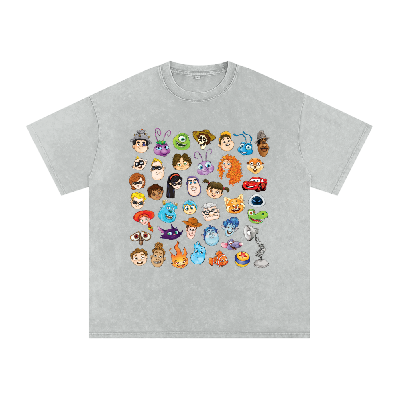 Watercolour Disney Pixar Protagonist Icons Light Grey Acid Wash Tee, Toy Story, A Bug’s Life, Monsters, Inc., Finding Nemo, The Incredibles, Cars, Ratatouille, WALL-E, Up, Brave, Inside Out, The Good Dinosaur, Coco, Onward, Soul, Luca, Turning Red, Elemental, Elio, Hoppers, Gatto