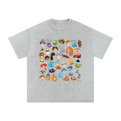 Watercolour Disney Pixar Protagonist Icons Light Grey Acid Wash Tee, Toy Story, A Bug’s Life, Monsters, Inc., Finding Nemo, The Incredibles, Cars, Ratatouille, WALL-E, Up, Brave, Inside Out, The Good Dinosaur, Coco, Onward, Soul, Luca, Turning Red, Elemental, Elio, Hoppers, Gatto