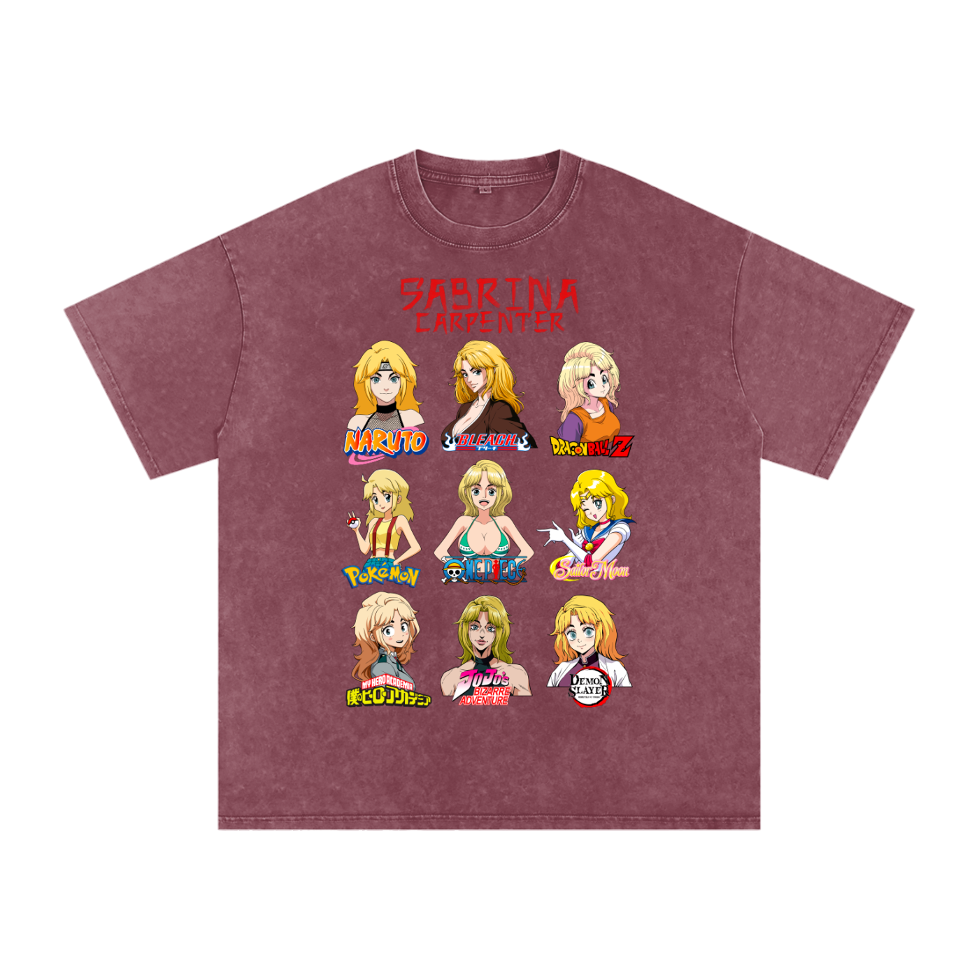 Sabrina Carpenter Anime Art Styles Maroon Acid Wash Tee, Naruto, Bleach, Dragonball Z, Pokémon, One Piece, Sailor Moon, My Hero Academia, Jojo's Bizarre Adventure, Demon Slayer