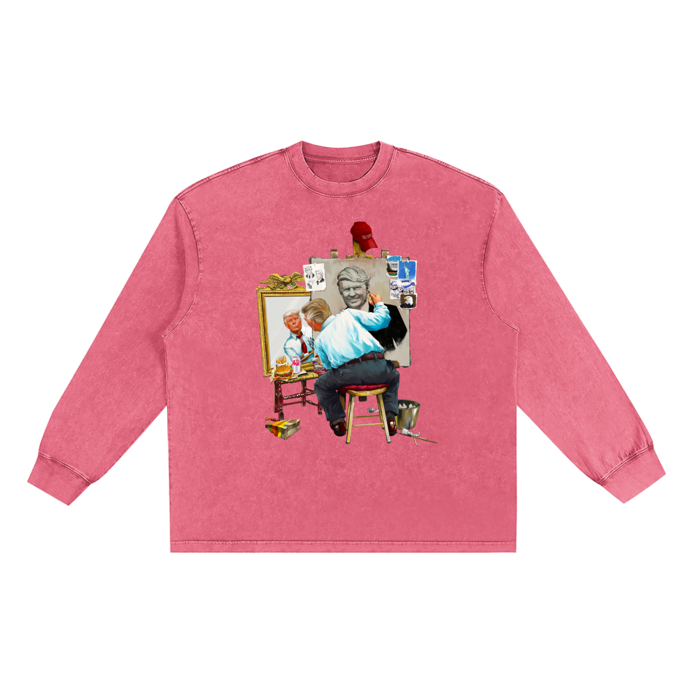 Donald Trump Triple Self Portrait Snow Washed Long Sleeve Rose Pink Tee