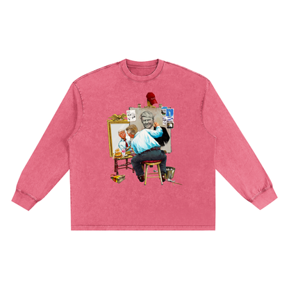 Donald Trump Triple Self Portrait Snow Washed Long Sleeve Rose Pink Tee