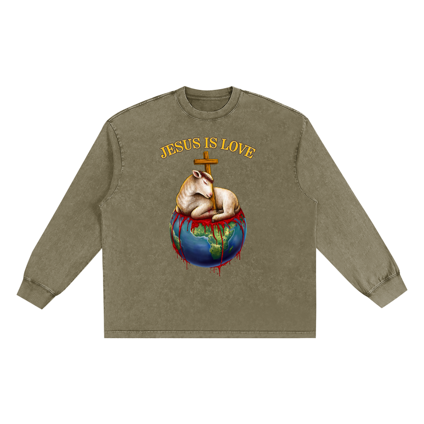 Jesus Is Love Snow Washed Long Sleeve Military Green Tee