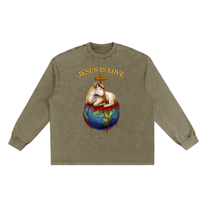 Jesus Is Love Snow Washed Long Sleeve Military Green Tee
