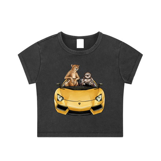 Cheetah & Sloth Lamborghini Aventador Black Women's Snow Washed Crop Top Tee