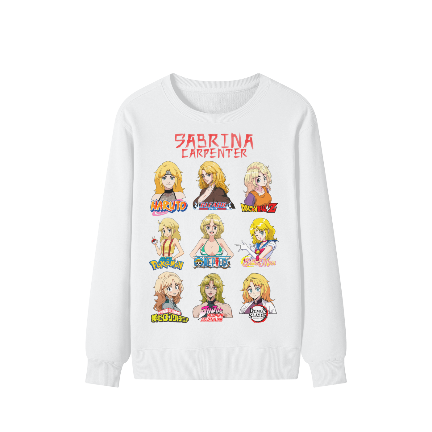 Sabrina Carpenter Anime Art Styles White Classic Sweatshirt, Naruto, Bleach, Dragonball Z, Pokémon, One Piece, Sailor Moon, My Hero Academia, Jojo's Bizarre Adventure, Demon Slayer