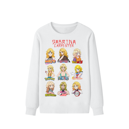 Sabrina Carpenter Anime Art Styles White Classic Sweatshirt, Naruto, Bleach, Dragonball Z, Pokémon, One Piece, Sailor Moon, My Hero Academia, Jojo's Bizarre Adventure, Demon Slayer