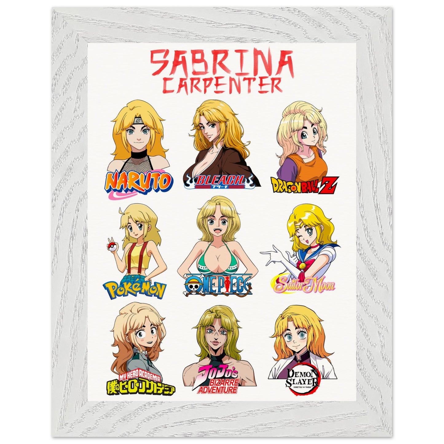 Sabrina Carpenter Anime Art Styles White Frame Premium Luxury Wooden Framed Poster, Naruto, Bleach, Dragon Ball Z, Pokémon, One Piece, Sailor Moon, My Hero Academia, Jojo's Bizarre Adventure, Demon Slayer