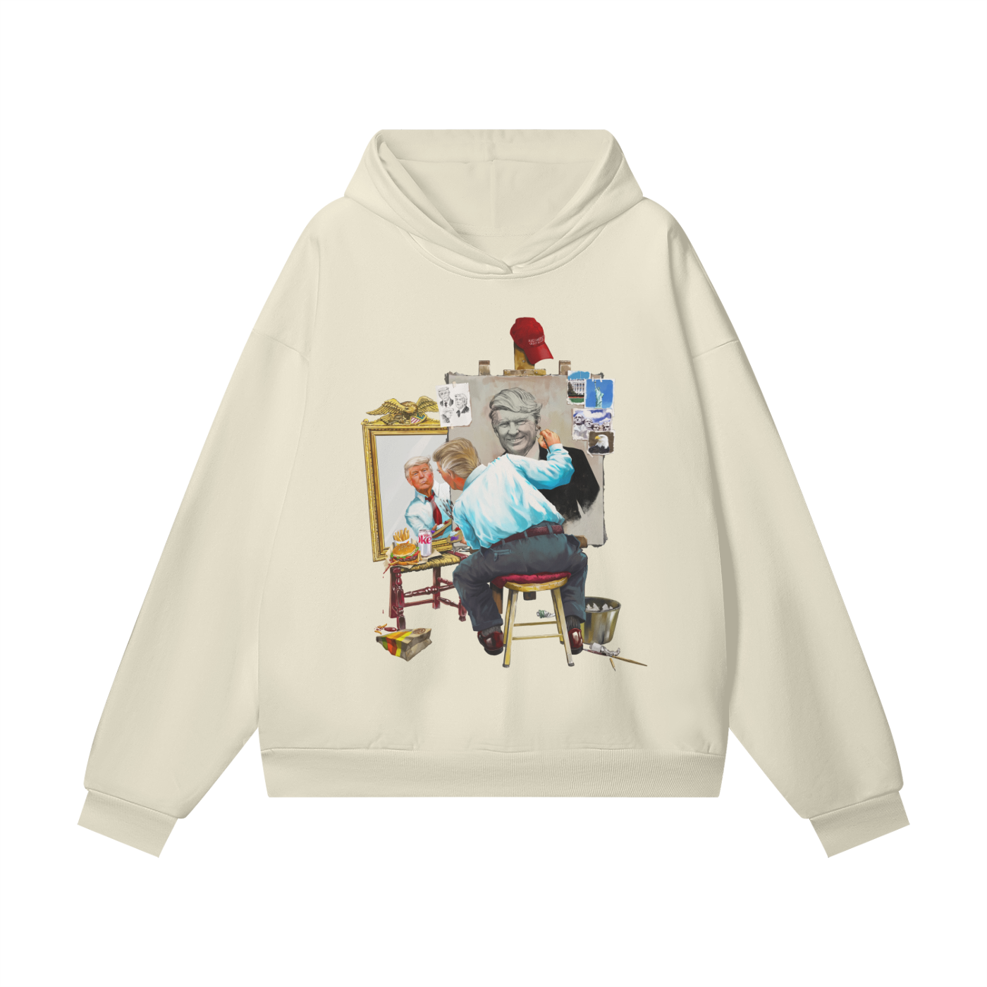 Donald Trump Triple Self Portrait Hidden Pocket Fleece Light Khaki Hoodie