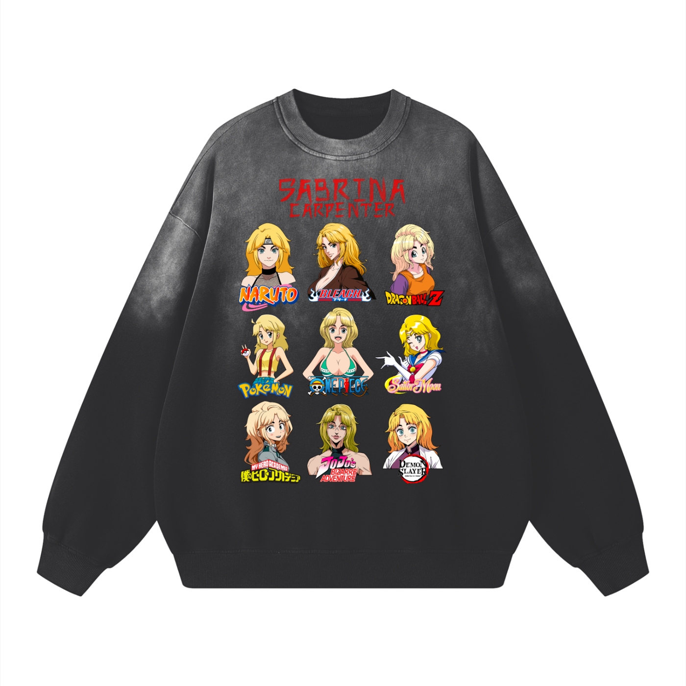 Sabrina Carpenter Anime Art Styles Black Sunfaded Acid Wash Sweatshirt, Naruto, Bleach, Dragonball Z, Pokémon, One Piece, Sailor Moon, My Hero Academia, Jojo's Bizarre Adventure, Demon Slayer