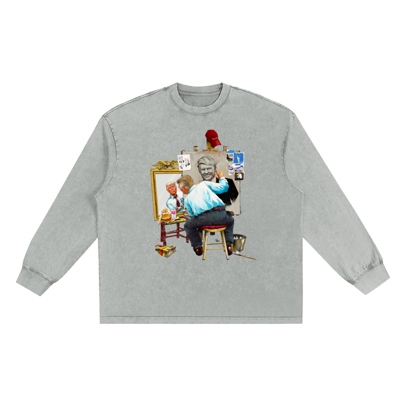 Donald Trump Triple Self Portrait Snow Washed Long Sleeve Light Grey Tee