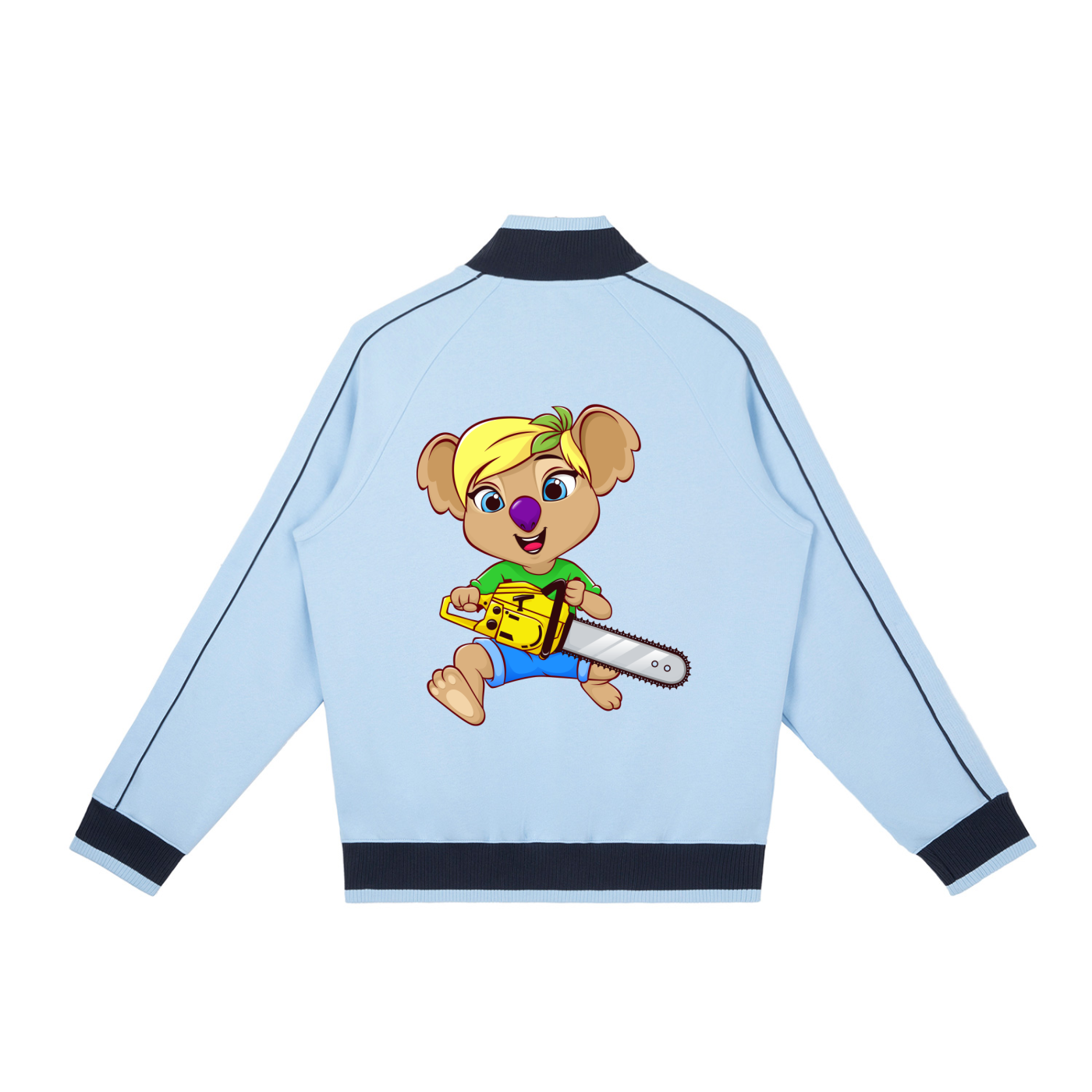 Disney Style Koala Chainsaw Sky Blue Retro Raglan Zip-Up Track Jacket