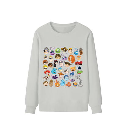 Watercolour Disney Pixar Protagonist Icons Sage Grey Classic Sweatshirt, Toy Story, A Bug’s Life, Monsters, Inc., Finding Nemo, The Incredibles, Cars, Ratatouille, WALL-E, Up, Brave, Inside Out, The Good Dinosaur, Coco, Onward, Soul, Luca, Turning Red, Elemental, Elio, Hoppers, Gatto